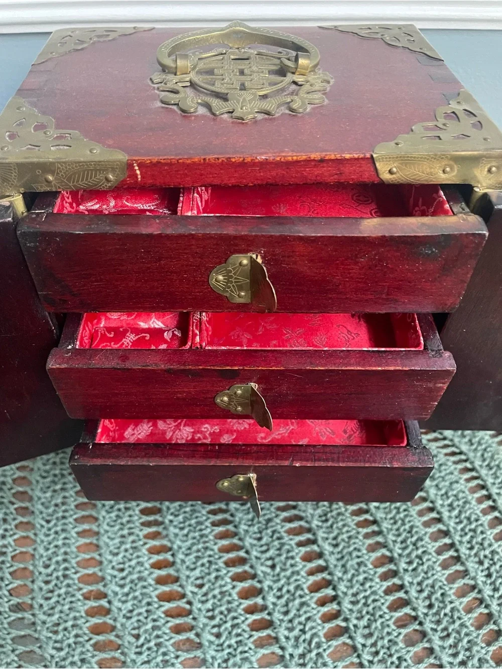 Vintage Chinese Carved Wood Jewelry Box With Jade Inlays & Brass Hardware